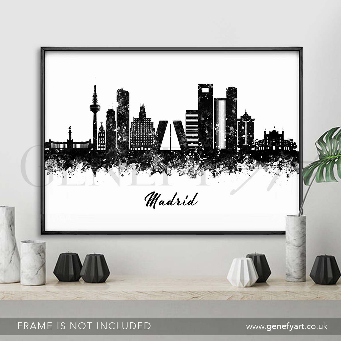 Madrid Skyline Black and White Watercolour Print - Genefy Art