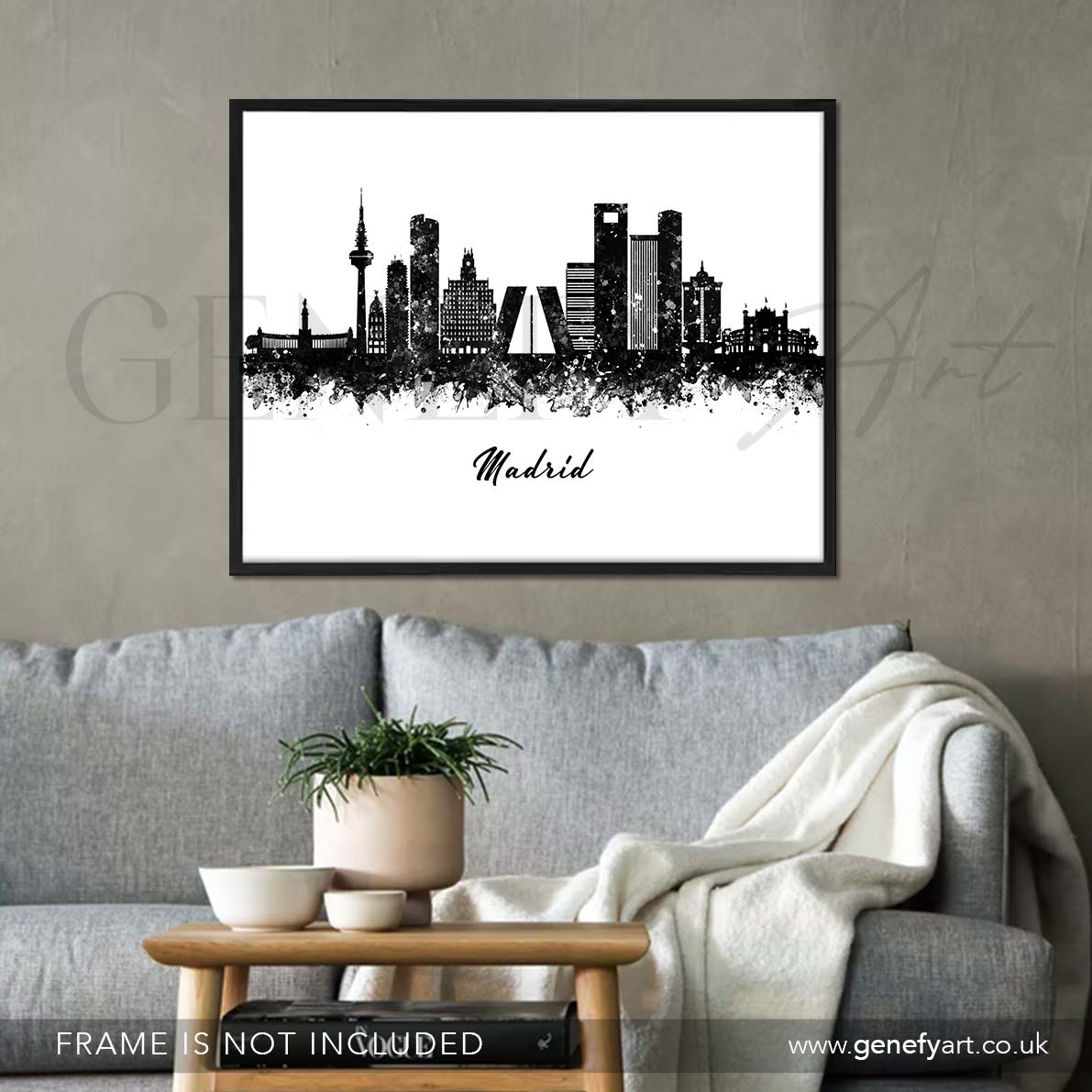 Madrid Skyline Black and White Watercolour Print - Genefy Art