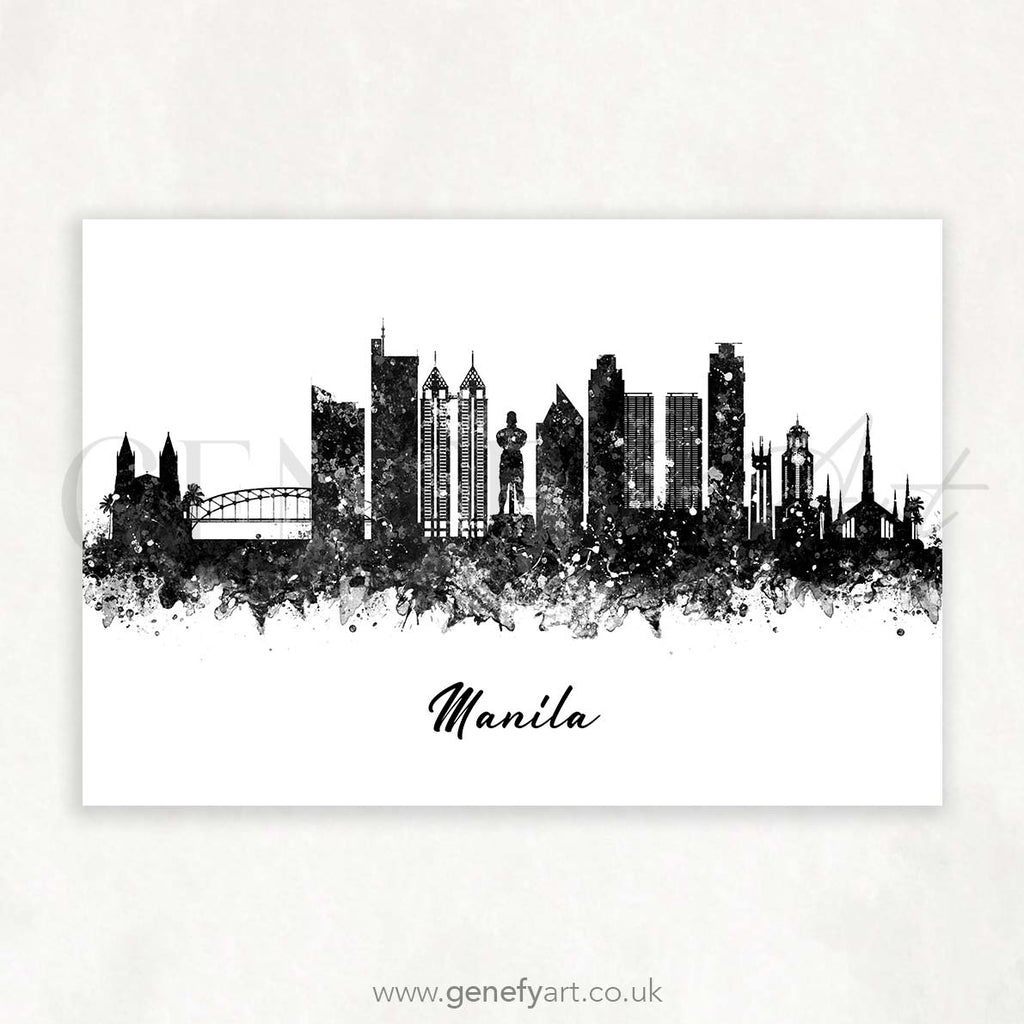 Manila Skyline Black and White Watercolour Print - Genefy Art