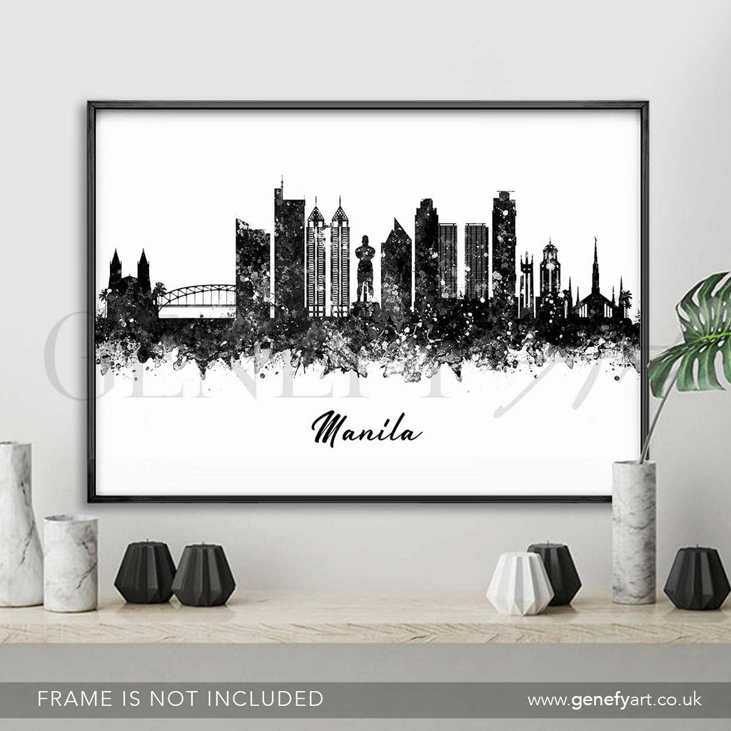 Manila Skyline Black and White Watercolour Print - Genefy Art