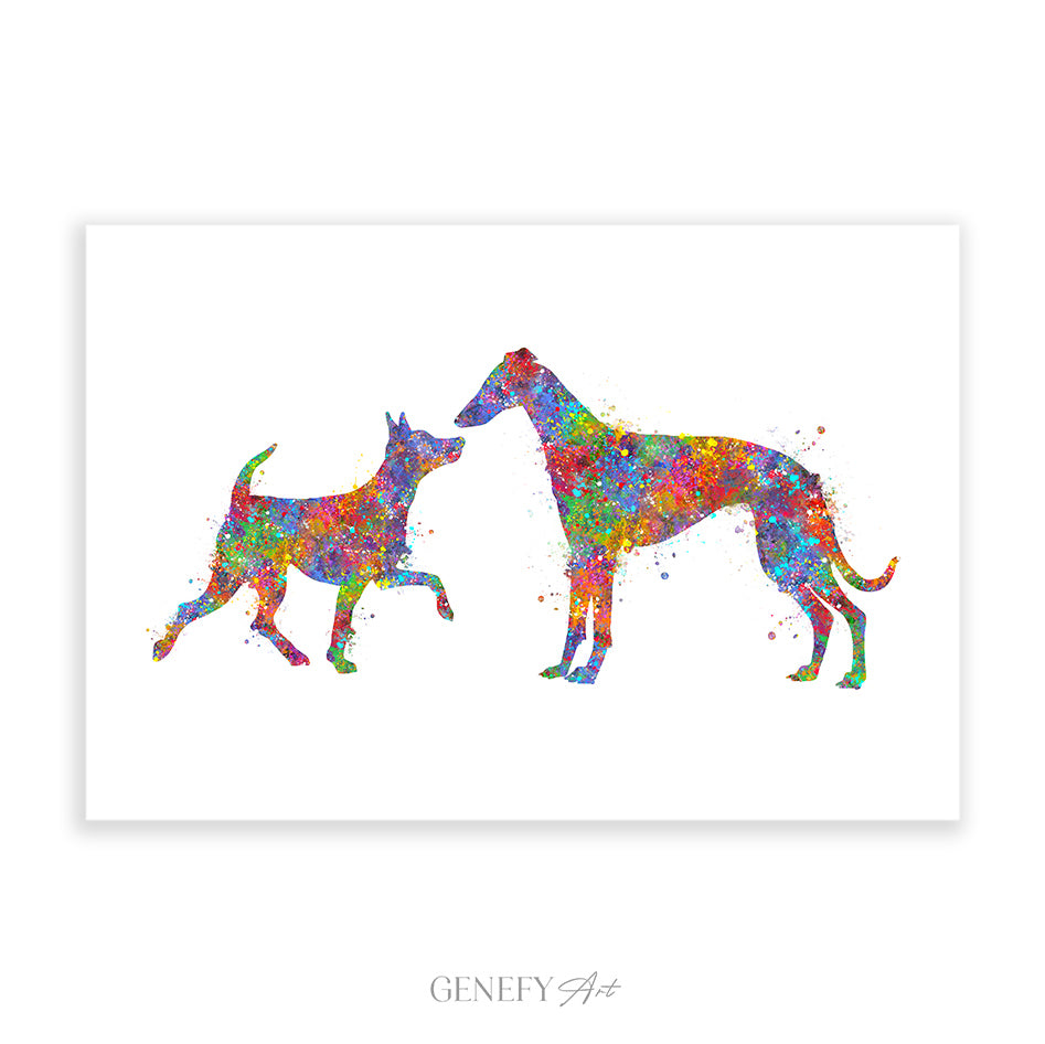 Miniature Pinscher and Whippet Watercolour Print