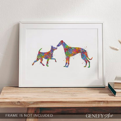 Miniature Pinscher and Whippet Watercolour Print