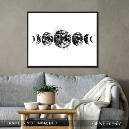 Moon Phases Black and White Art Print