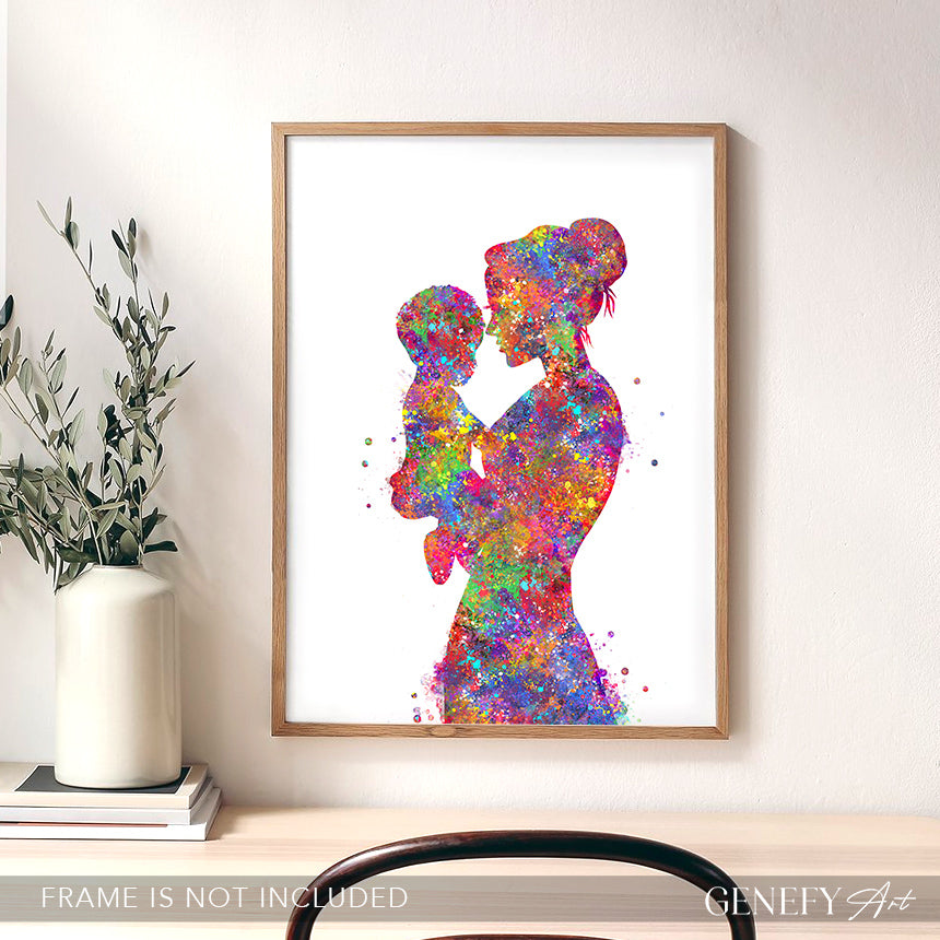 Mother Carrying Son Watercolour Art Print