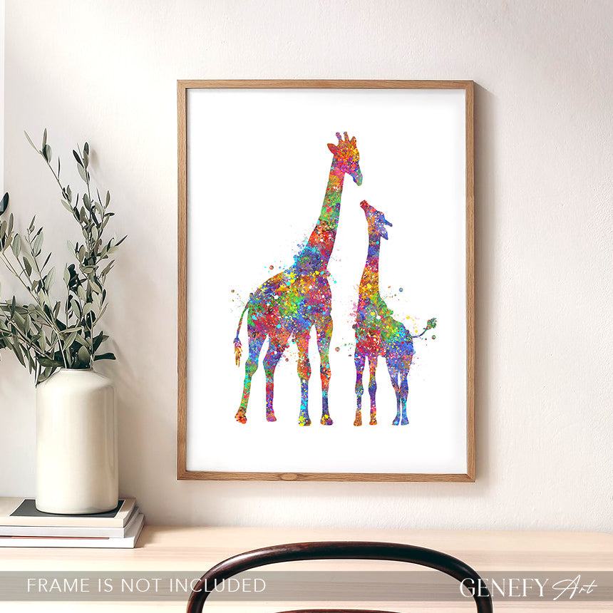 Giraffe Mother and Baby Watercolour Art