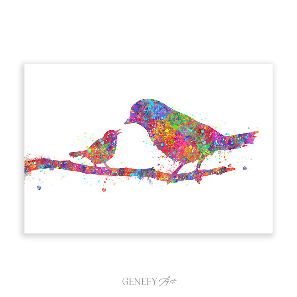 Mother Bird and Baby Bird Watercolour Print