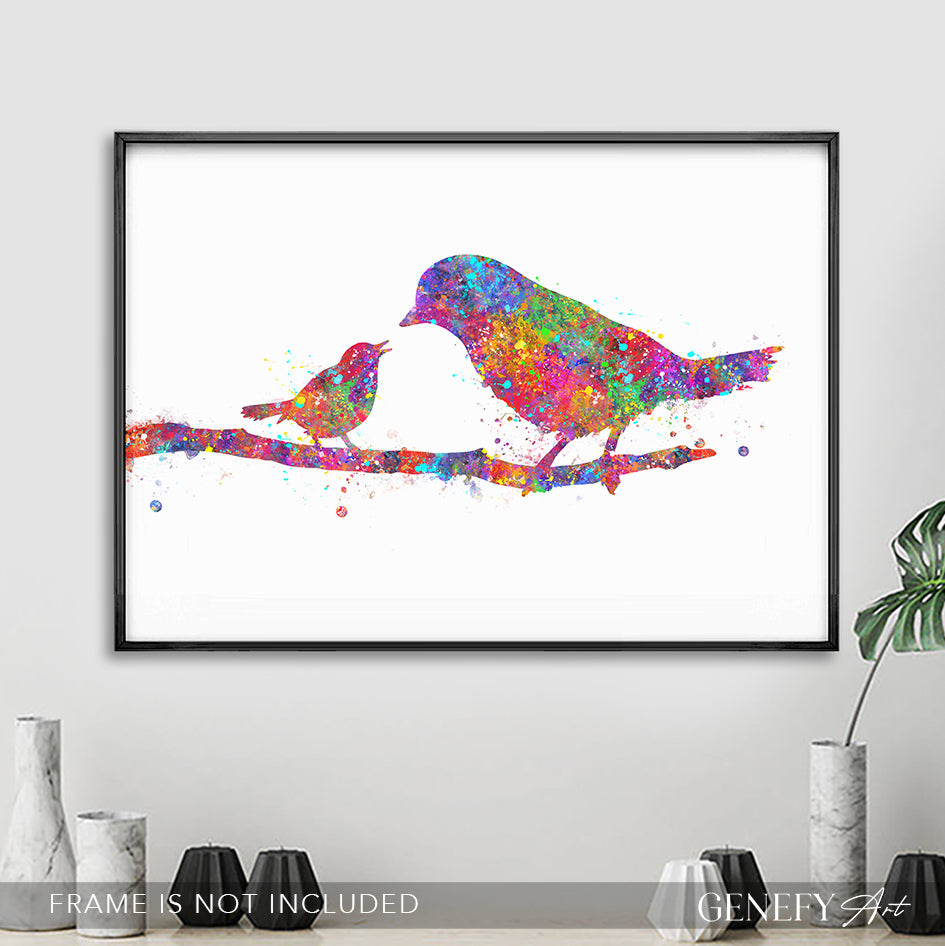 Mother Bird and Baby Bird Watercolour Print