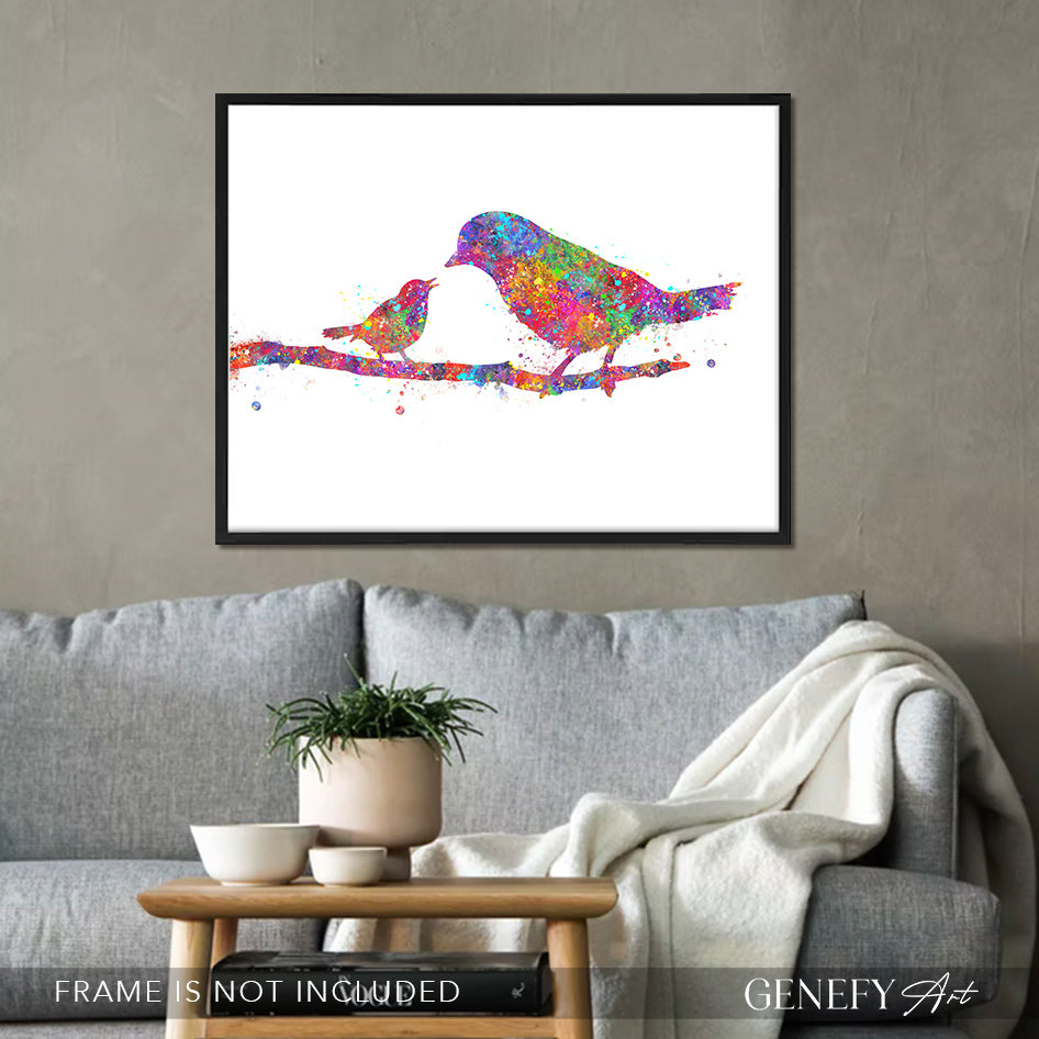 Mother Bird and Baby Bird Watercolour Print
