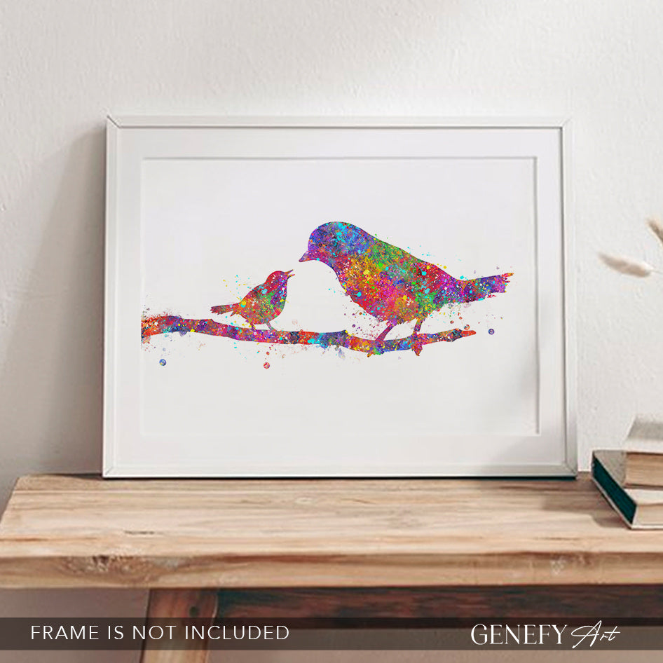 Mother Bird and Baby Bird Watercolour Print