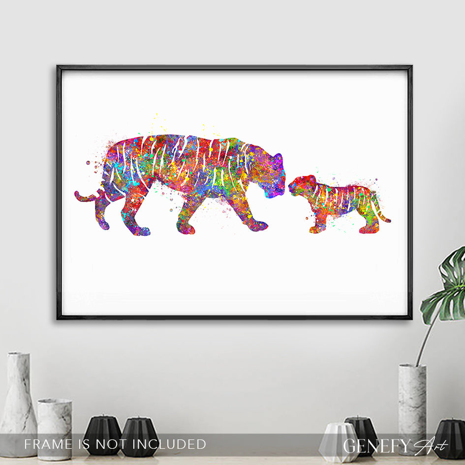 Mother and Baby Tiger Watercolour Art Print