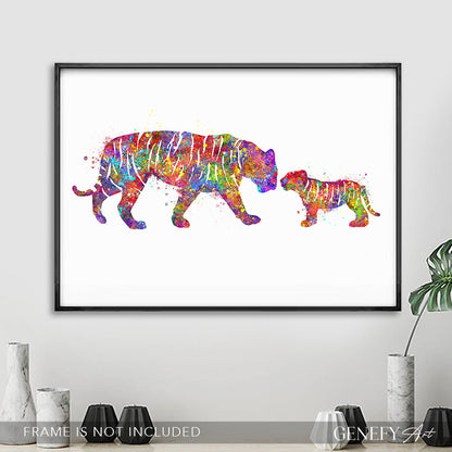 Mother and Baby Tiger Watercolour Art Print