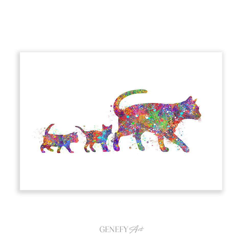 Mother Cat and Kittens Watercolour Art Print