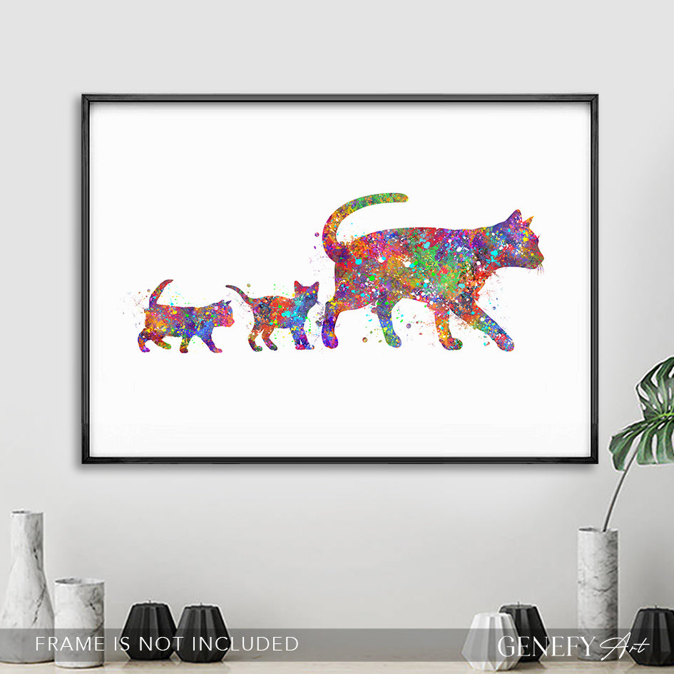 Mother Cat and Kittens Watercolour Art Print