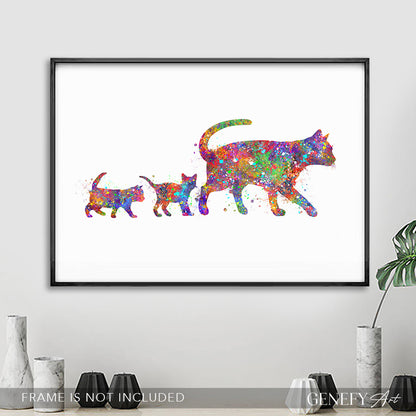 Mother Cat and Kittens Watercolour Art Print
