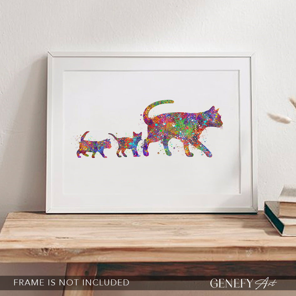 Mother Cat and Kittens Watercolour Art Print