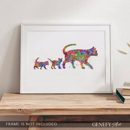 Mother Cat and Kittens Watercolour Art Print