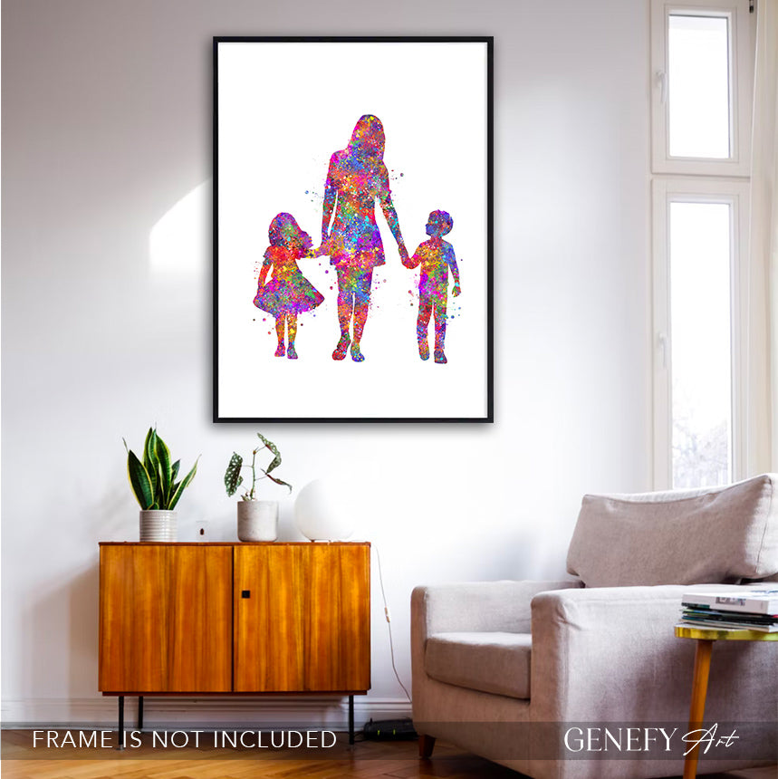 Mother Son and Daughter Watercolour Art Print