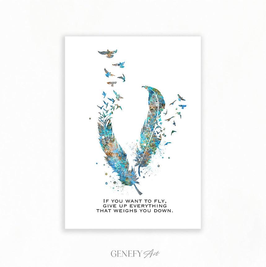 Birds Feather Quote Teal Watercolour Print - Genefy Art
