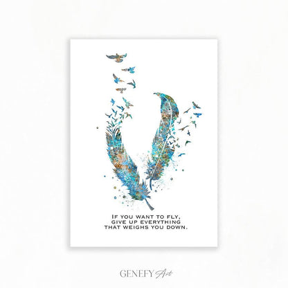 Birds Feather Quote Teal Watercolour Print - Genefy Art
