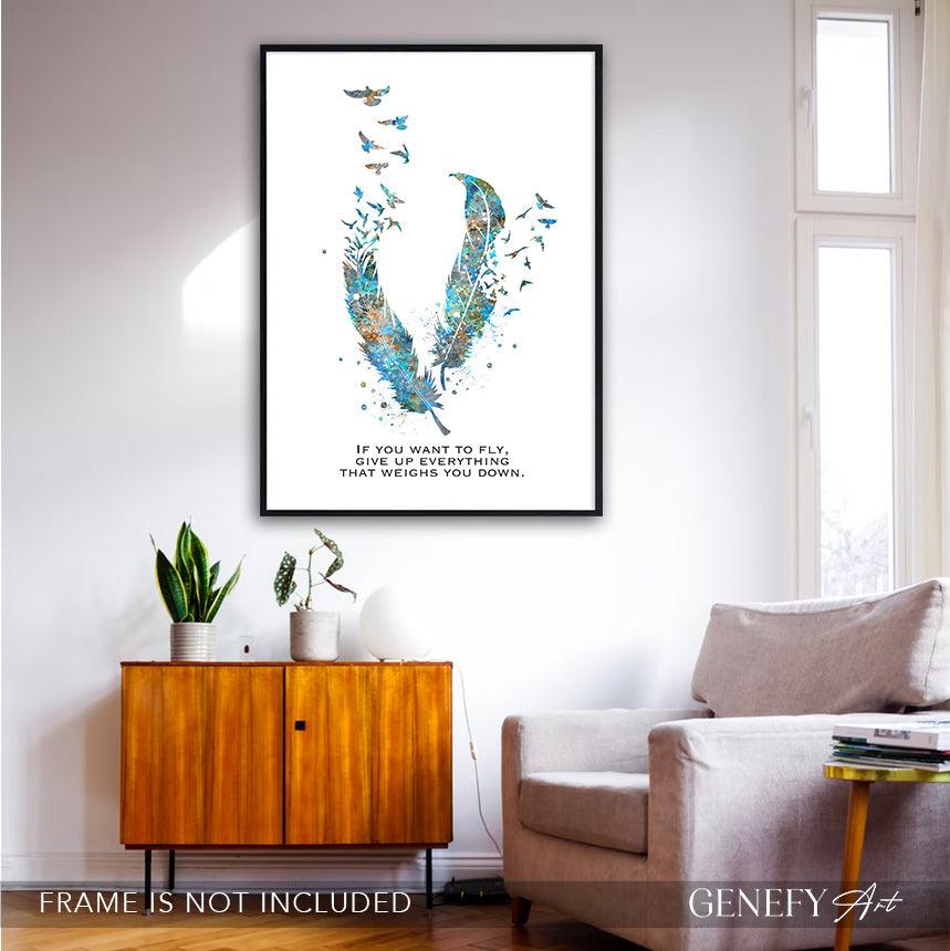 Birds Feather Quote Teal Watercolour Print - Genefy Art