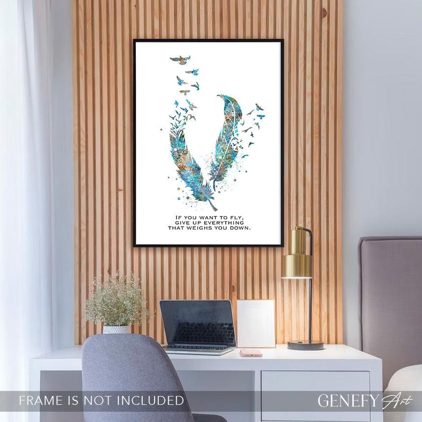 Birds Feather Quote Teal Watercolour Print - Genefy Art