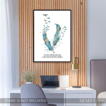 Birds Feather Quote Teal Watercolour Print - Genefy Art
