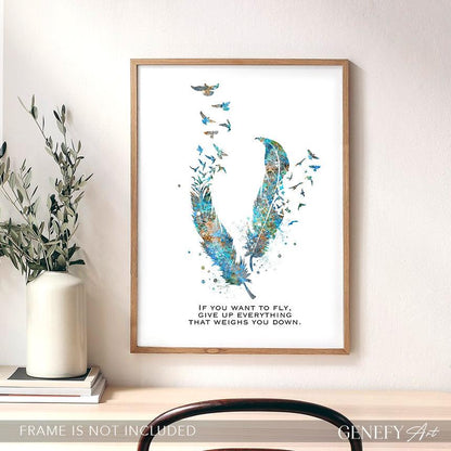 Birds Feather Quote Teal Watercolour Print - Genefy Art