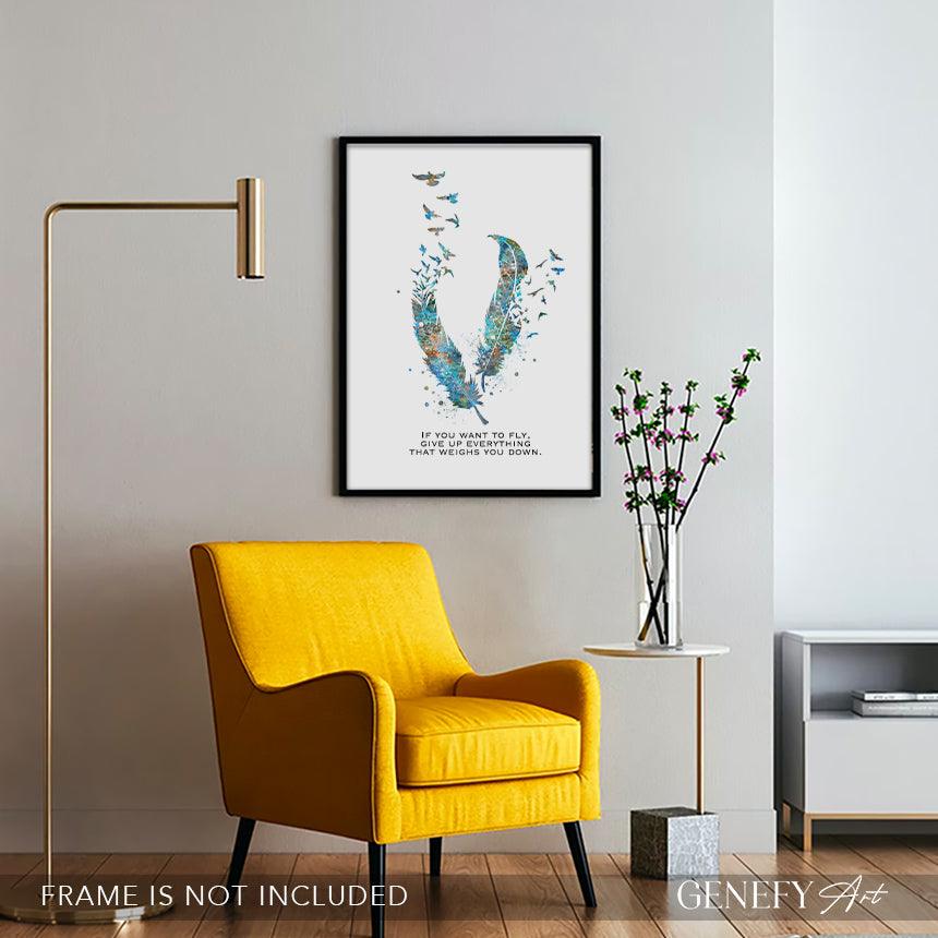 Birds Feather Quote Teal Watercolour Print - Genefy Art