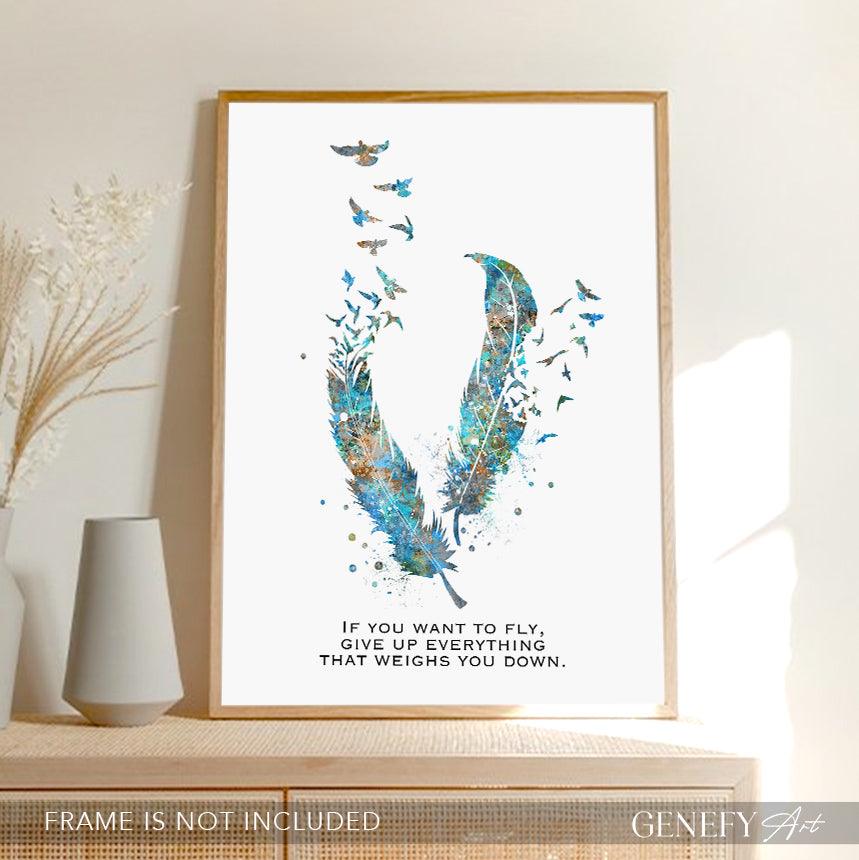 Birds Feather Quote Teal Watercolour Print - Genefy Art