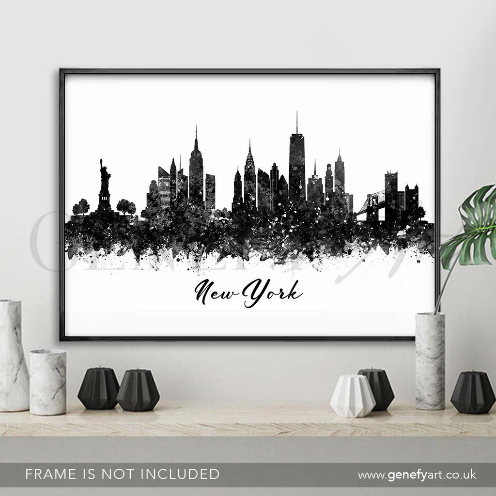 New York Skyline Black and White Watercolour Print - Genefy Art