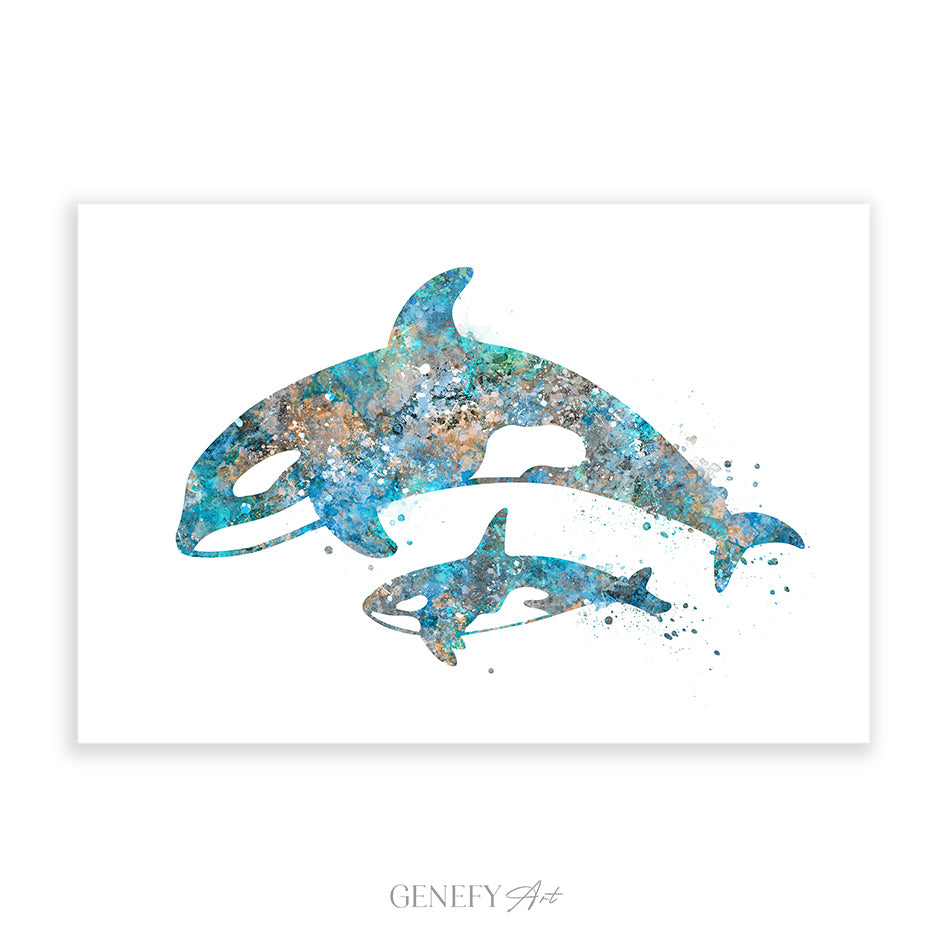 Orca Killer Whale Mother and Baby Watercolour Print