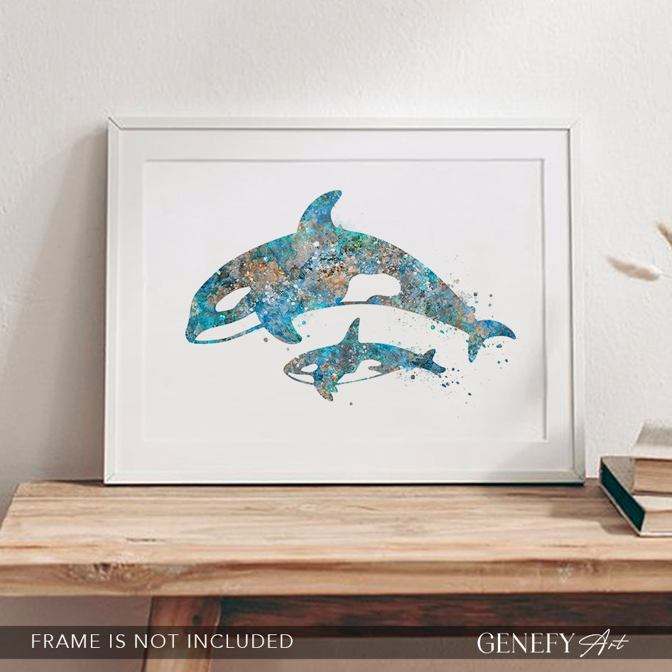 Orca Killer Whale Mother and Baby Watercolour Print