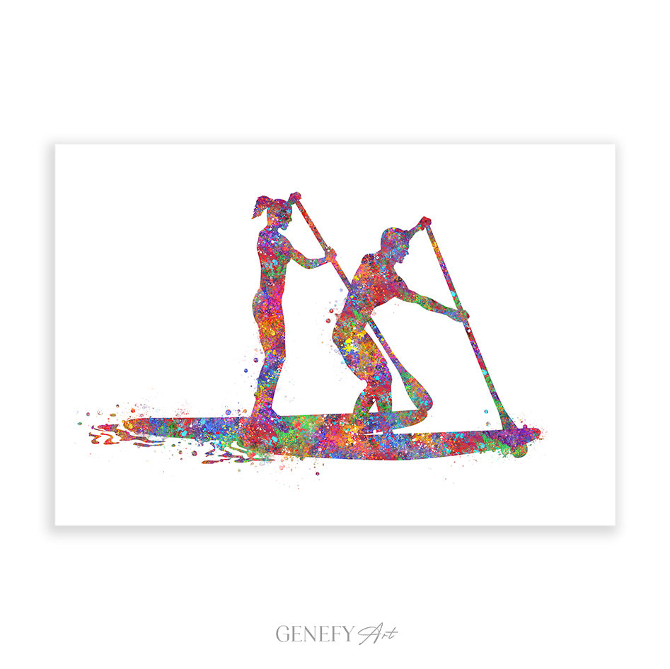 Paddleboarding Couple Watercolor Art Print