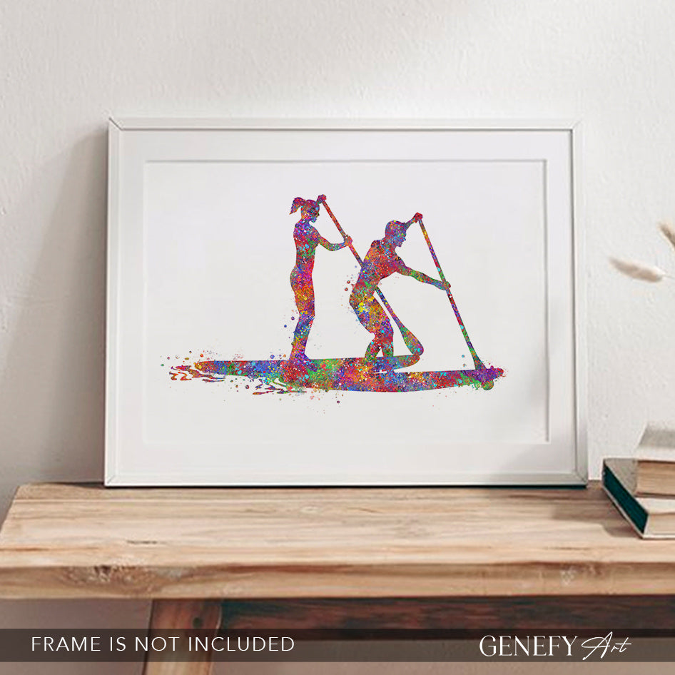 Paddleboarding Couple Watercolor Art Print