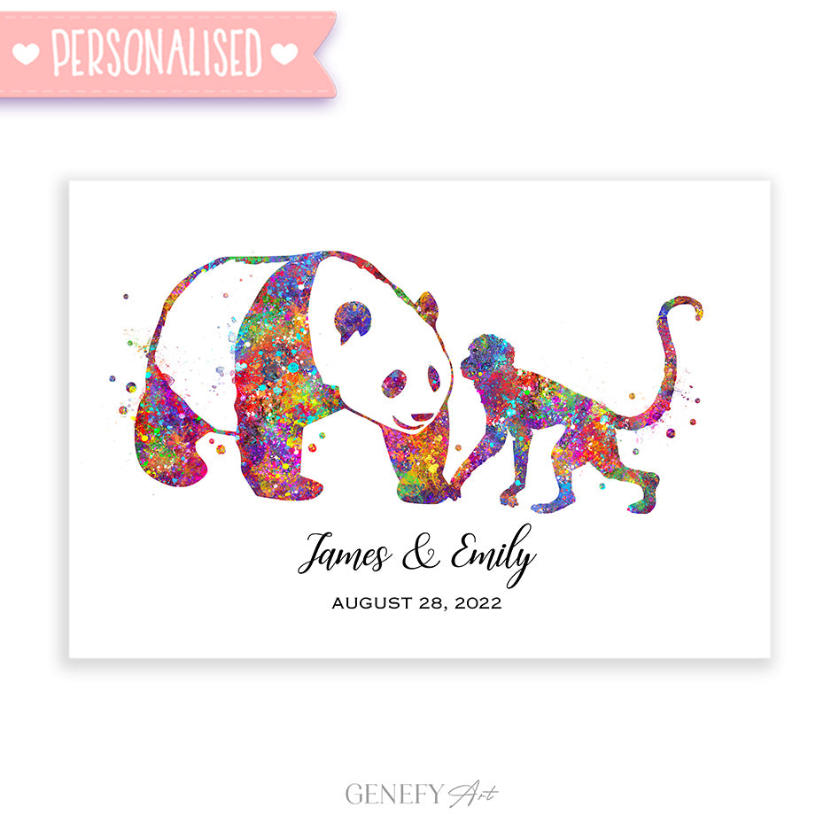 Panda and Monkey Couple Art Print