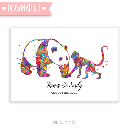 Panda and Monkey Couple Art Print