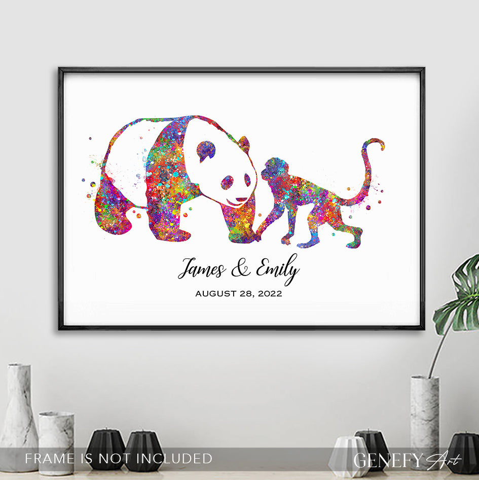 Panda and Monkey Couple Art Print
