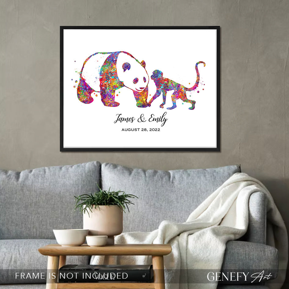 Panda and Monkey Couple Art Print