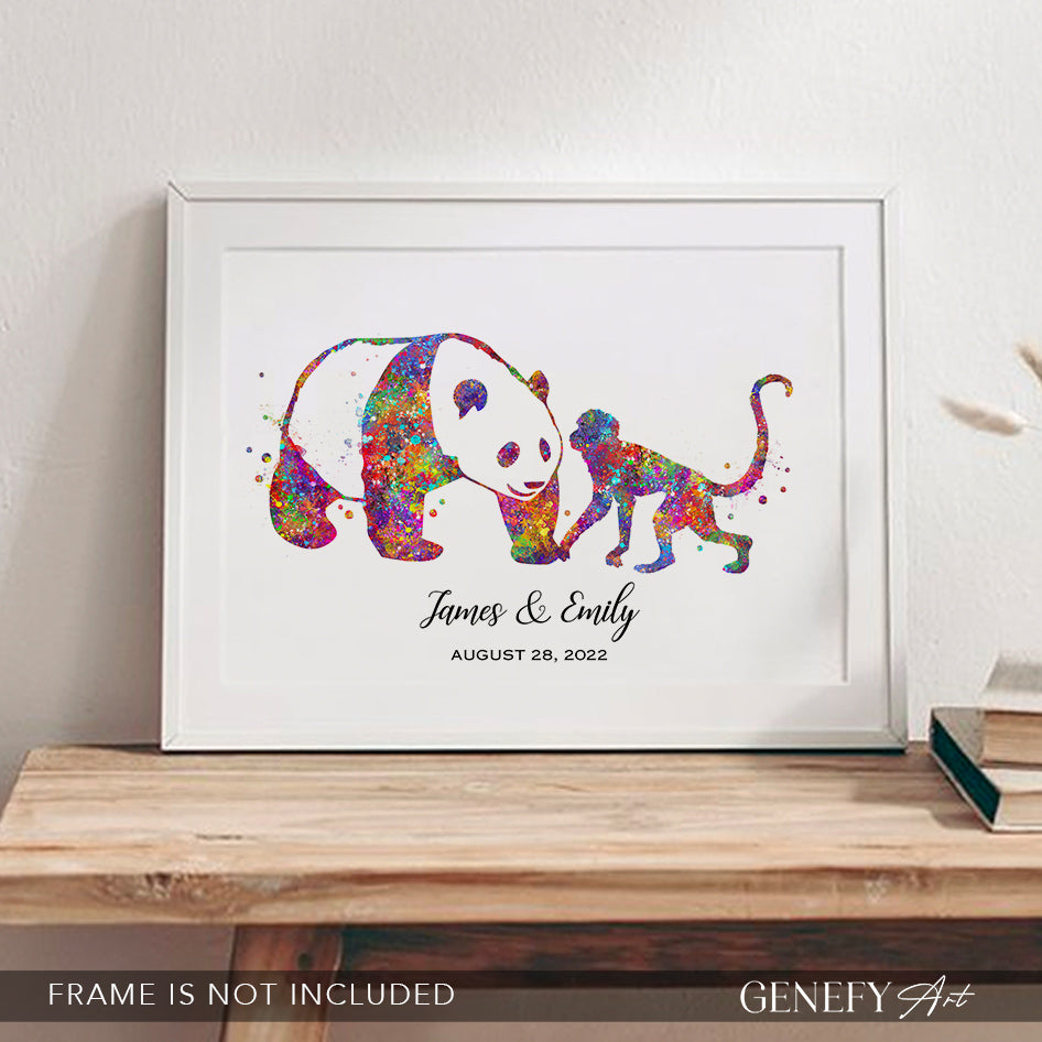 Panda and Monkey Couple Art Print