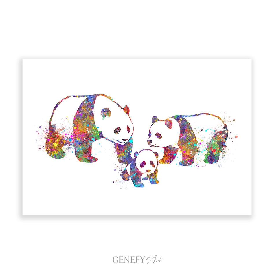 Panda Family of 3 Watercolour Print