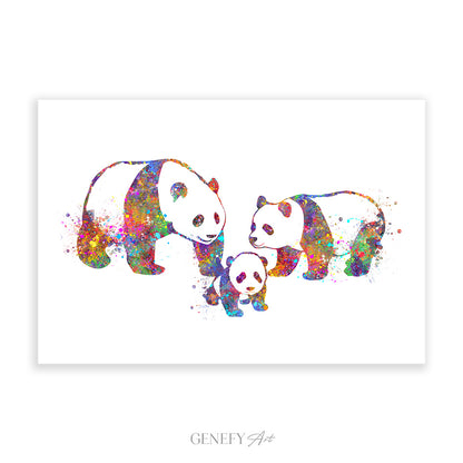 Panda Family of 3 Watercolour Print