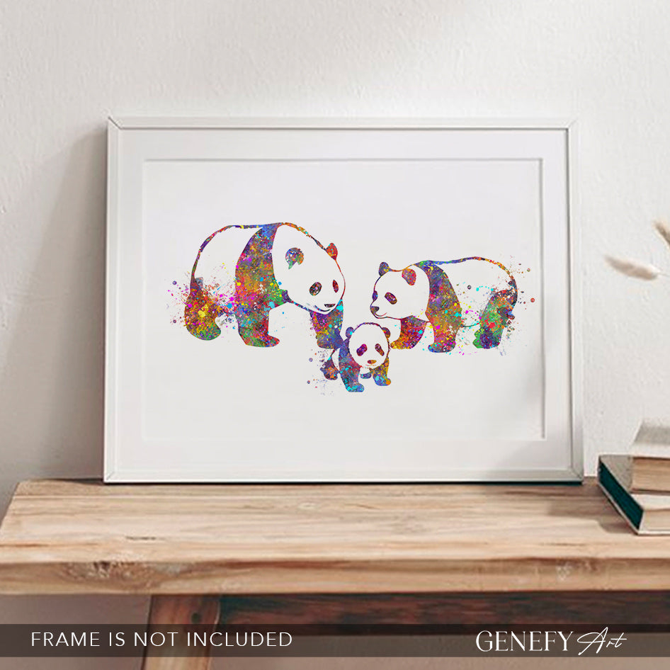 Panda Family of 3 Watercolour Print