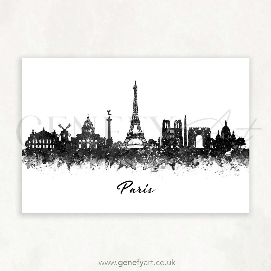 Paris Skyline Black and White Watercolour Print - Genefy Art