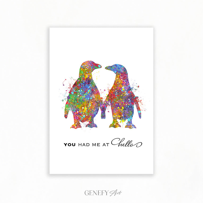 Penguin Love Quote &quot;You Had Me At Hello &quot; Watercolour Art Print