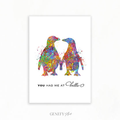 Penguin Love Quote &quot;You Had Me At Hello &quot; Watercolour Art Print