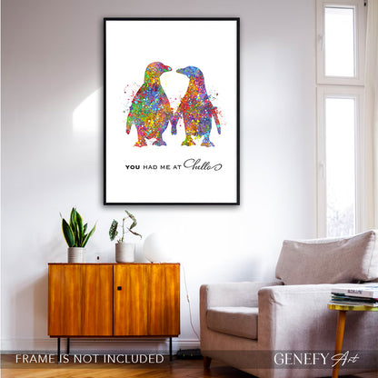 Penguin Love Quote &quot;You Had Me At Hello &quot; Watercolour Art Print