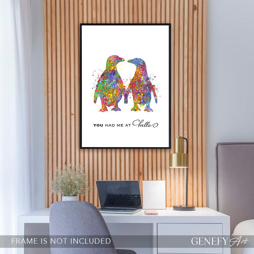 Penguin Love Quote &quot;You Had Me At Hello &quot; Watercolour Art Print