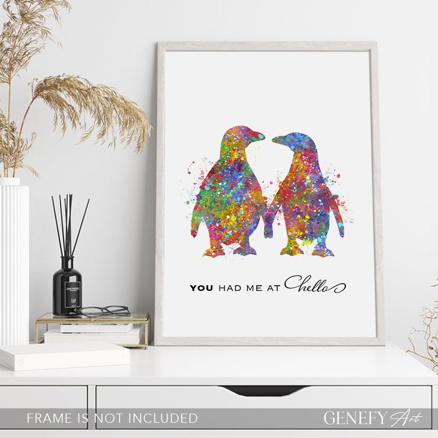 Penguin Love Quote &quot;You Had Me At Hello &quot; Watercolour Art Print