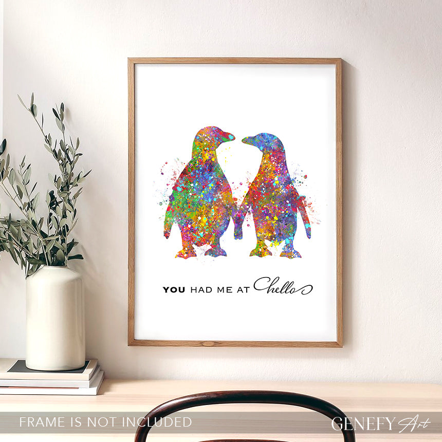 Penguin Love Quote &quot;You Had Me At Hello &quot; Watercolour Art Print