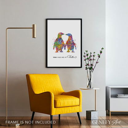 Penguin Love Quote &quot;You Had Me At Hello &quot; Watercolour Art Print